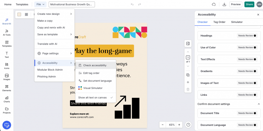 Venngage Accessibility Checker showing document title, language, headings, color, links and other accessibility items that need review