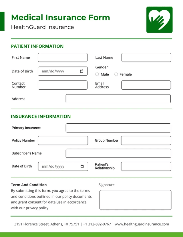 Green and White Minimalist Medical Insurance Forms