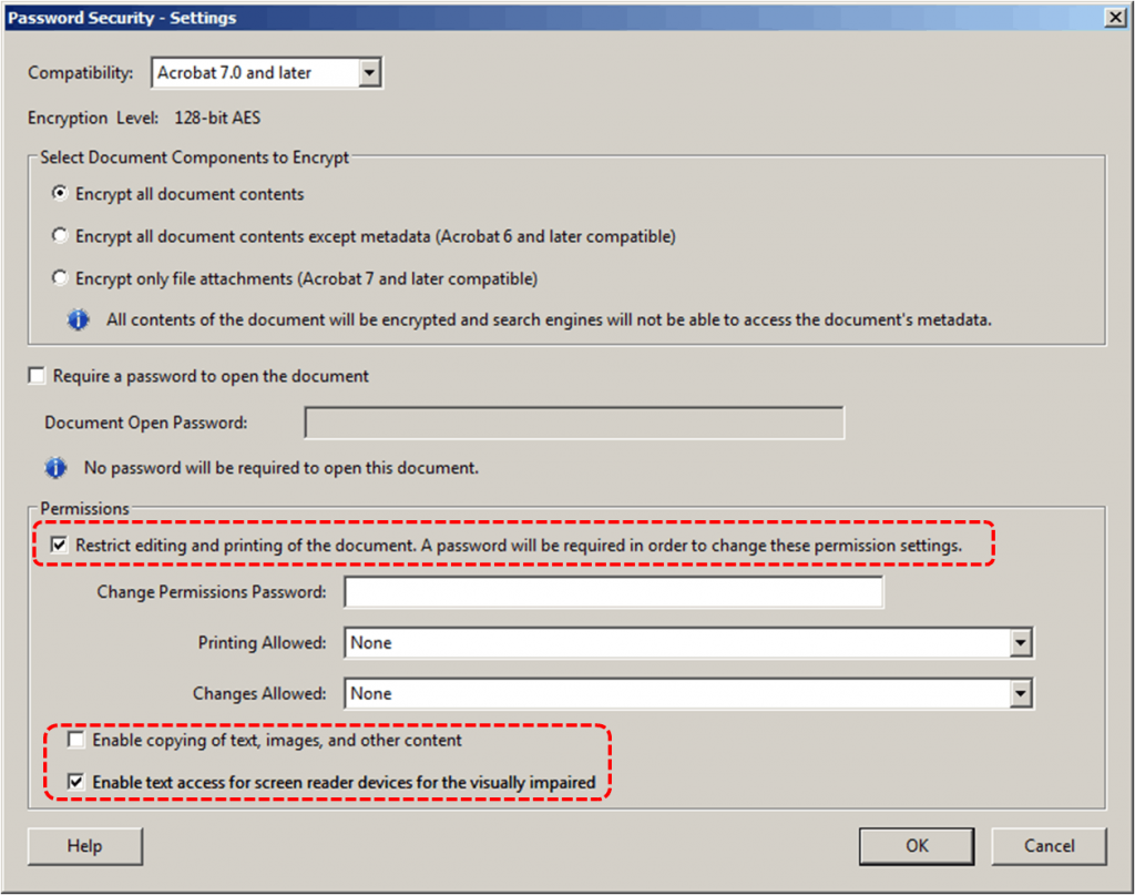 PDF password security settings with separate permissions for copying and screen reader access