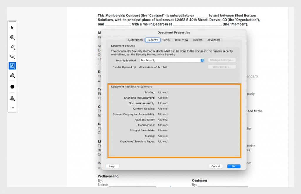 PDF document properties showing Content Copying for Accessibility set to Allowed