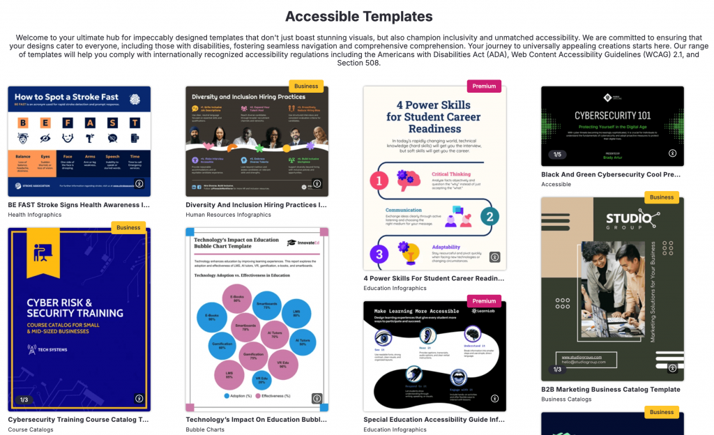 Screenshot of Venngage’s accessible template library showing reports, infographics, presentations and other designs