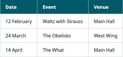 Accessible table with Date, Event and Venue column headers and three rows of event details