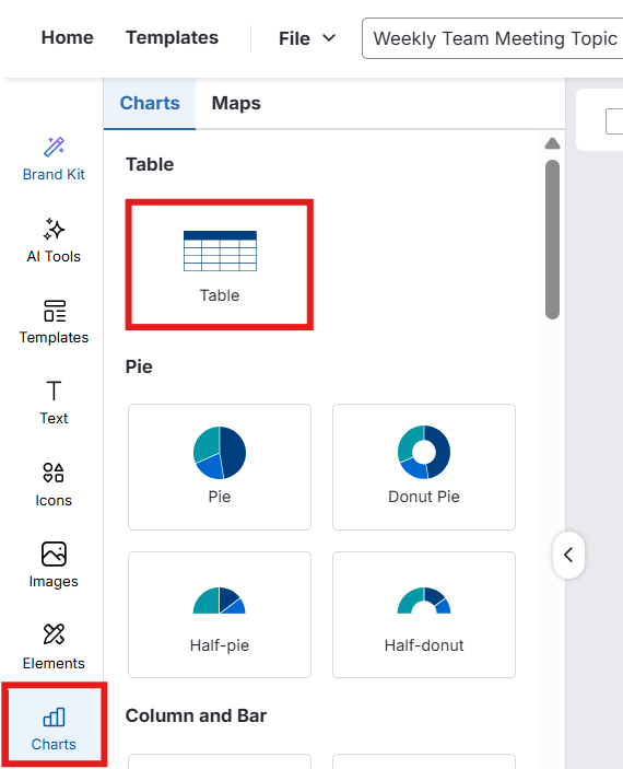 Venngage editor showing the Table option under the Charts menu
