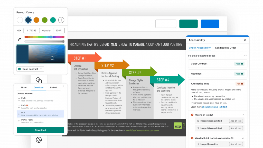 Venngage accessibility tools showing color contrast checks, alt text issues and accessible PDF export options
