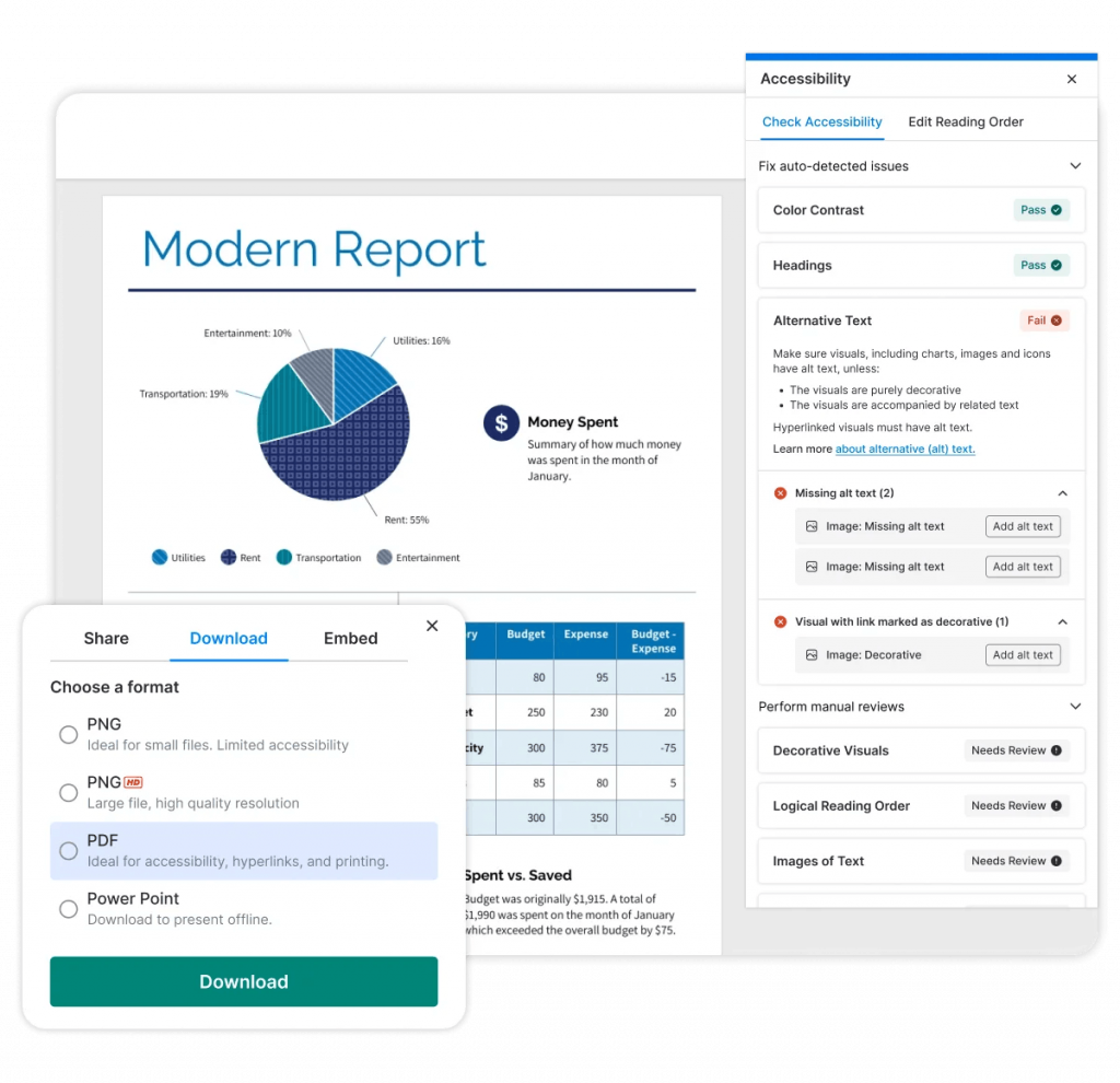Venngage Accessibility Checker showing automated and manual accessibility checks alongside PDF export options