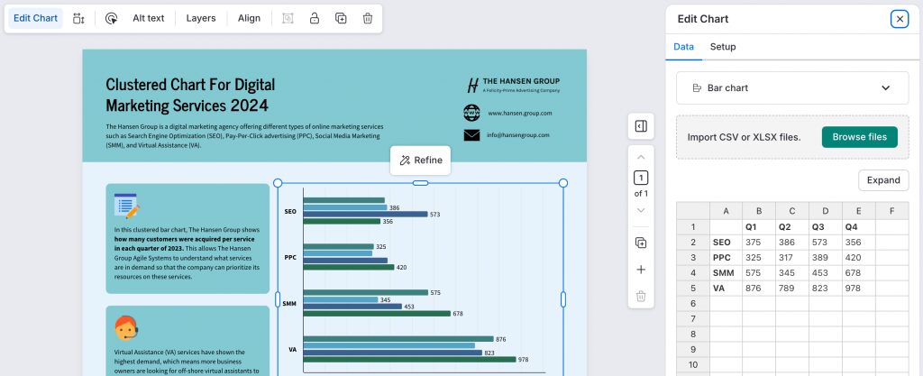Venngage editor showing chart data editing and CSV or XLSX import options