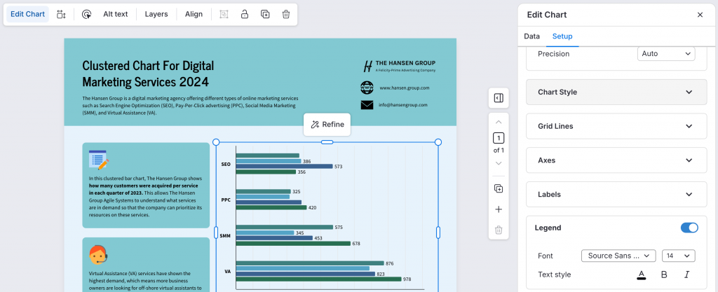 Venngage editor showing chart setup options for styles, grid lines, axes, labels and legends