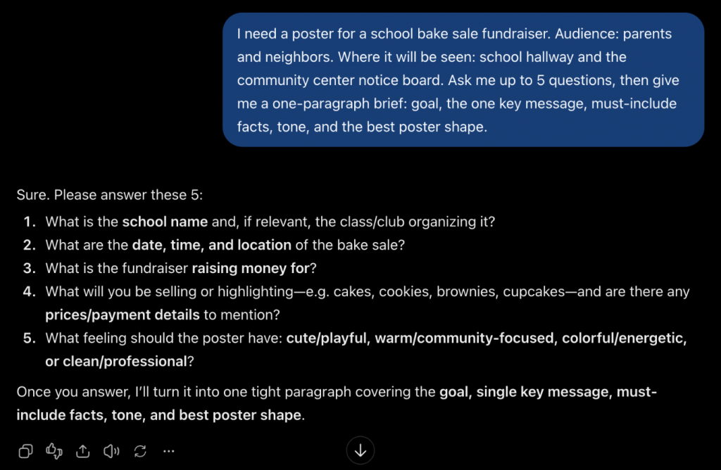 ChatGPT asking five planning questions about a school bake sale poster