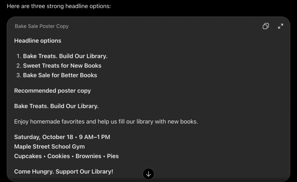 ChatGPT offering three headline options and recommended poster copy for a bake sale