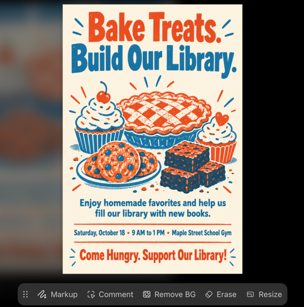 ChatGPT-generated risograph bake sale poster open in the image editor with Markup, Comment, Remove BG, Erase and Resize tools
