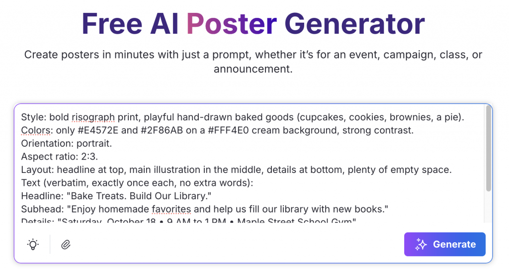 The same bake sale poster prompt pasted into Venngage's AI poster generator