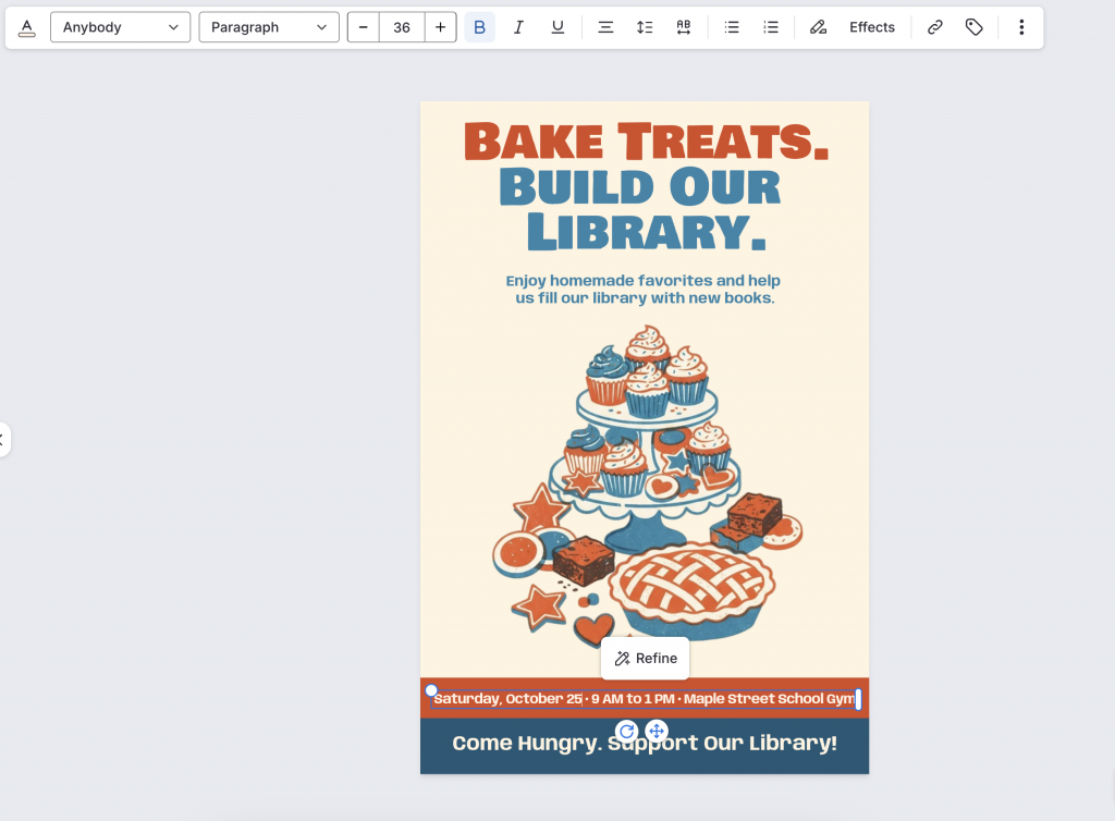 Venngage editor with the date text box selected and changed to October 25