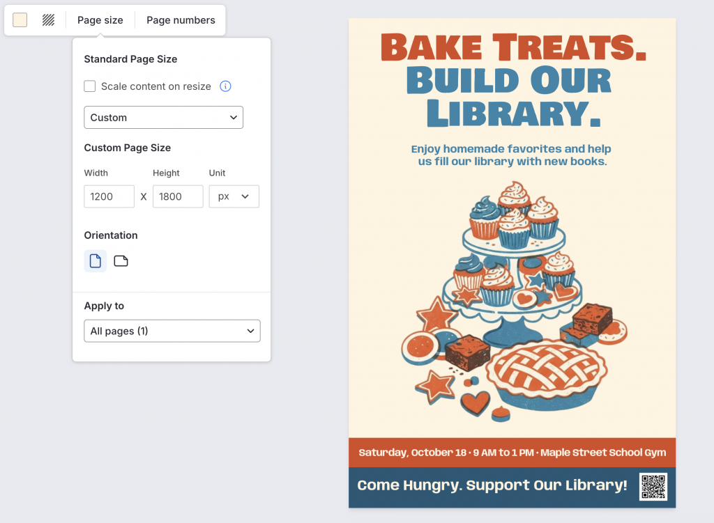 Venngage Page size panel showing standard sizes, custom width and height, units and orientation