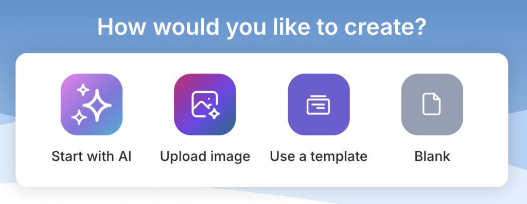 Venngage "How would you like to create?" screen with Start with AI, Upload image, Use a template and Blank options