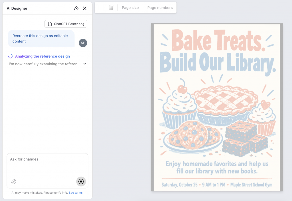 Venngage AI Designer analyzing an uploaded ChatGPT bake sale poster after the request "Recreate this design as editable content"