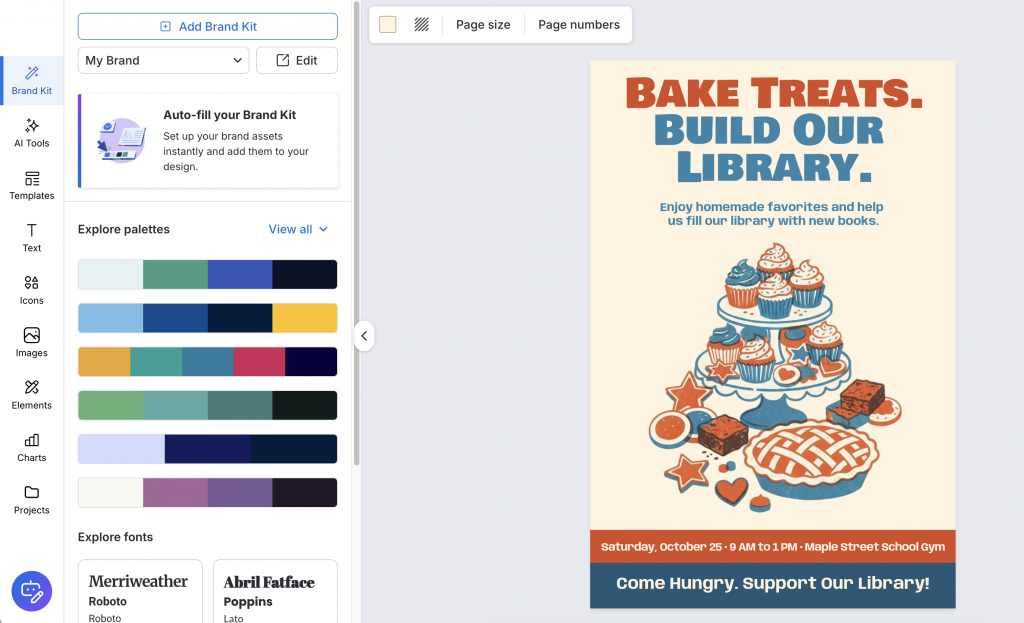 Venngage Brand Kit panel with palettes, logos and an Apply brand button next to the bake sale poster