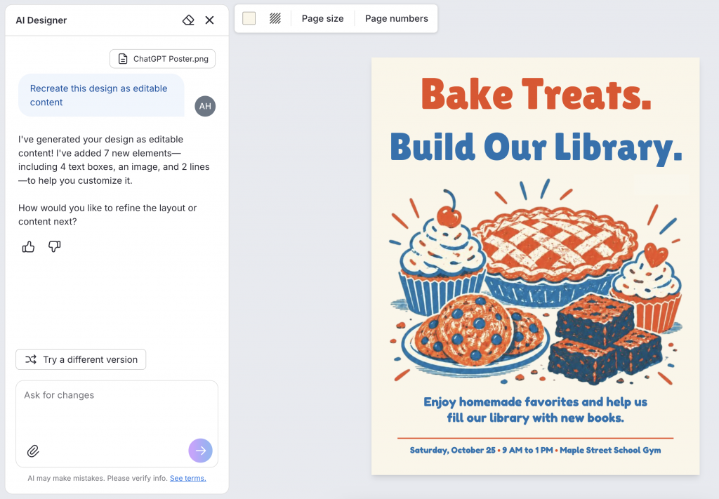 Recreated bake sale poster in the Venngage editor with the Build Our Library headline selected as editable text in the Lilita One font