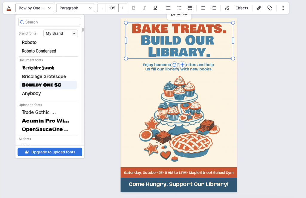 Venngage font menu open with Bowlby One SC applied to the poster headline