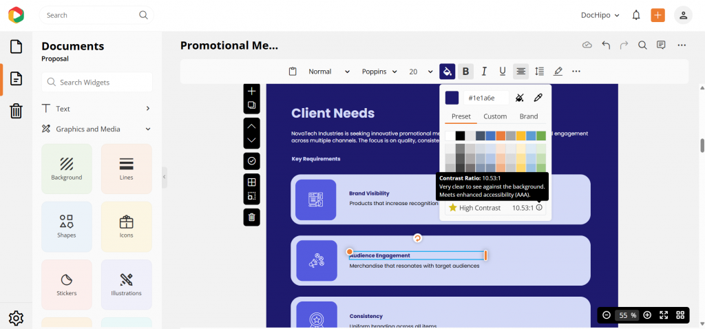 DocHipo editor showing a promotional document with text formatting, color customization, and accessibility contrast checks.