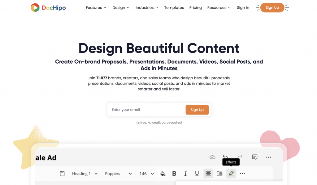 DocHipo homepage featuring a design platform for creating presentations, documents, videos, and social media content.