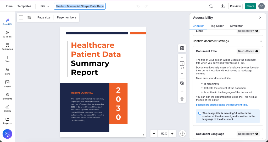 Venngage editor showing a Healthcare Patient Data Summary Report with the accessibility checker highlighting document title and language settings for review.