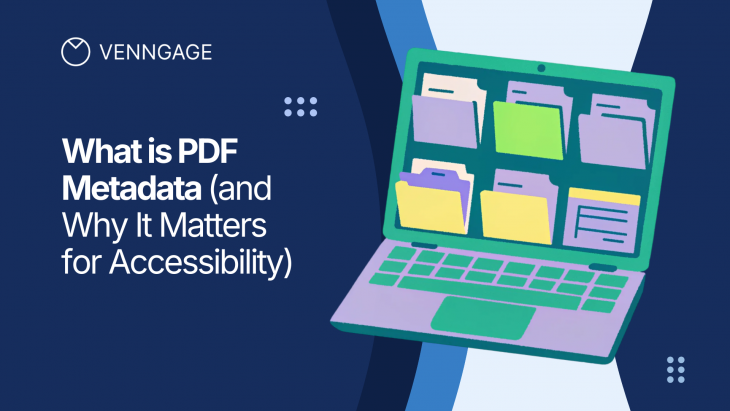 Illustration of a laptop displaying organized digital folders, with the title “What is PDF Metadata (and Why It Matters for Accessibility)” on a blue background.